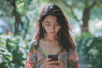 Young Asian Woman Using Smartphone with Earbuds Outdoors