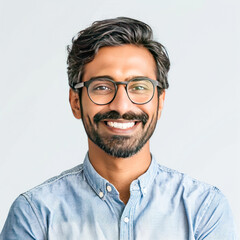 Indian man wearing eye glasses and smiling on white background