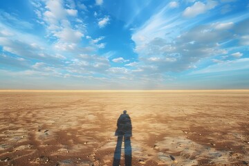 Solitude in Expansiveness: Lone Figure Contemplating in Vast Desert Under Open Sky