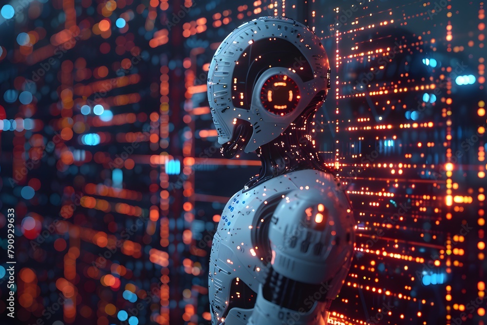 Poster advanced humanoid robot with illuminated circuit patterns