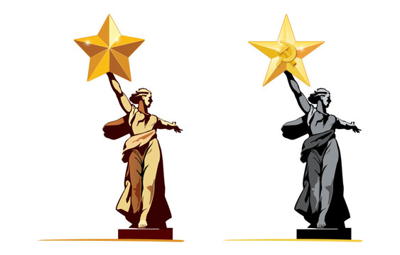 Vector illustration. Sculpture-monument Motherland is calling. Happy Victory Day! World War II 1941-1945, Hero medal "Gold Star", Hero of Socialist Labor "Hammer and Sickle" USSR. Battle of Stalingrad