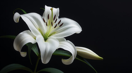Obraz premium Stunning image of a pristine white lily against a dark backdrop, emphasizing purity and the beauty of nature
