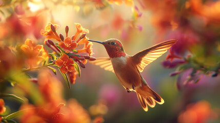 Fototapeta premium Captivating image of a hummingbird mid-hover near vibrant orange flowers, evoking freedom and the vitality of nature
