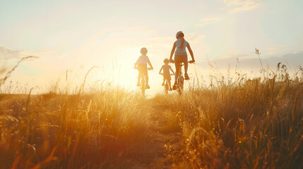 Happy Family Bike Ride. Active Lifestyle Concept. Joyful Childhood