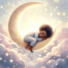 A little black boy is sleeping on a moon wrapped in clouds