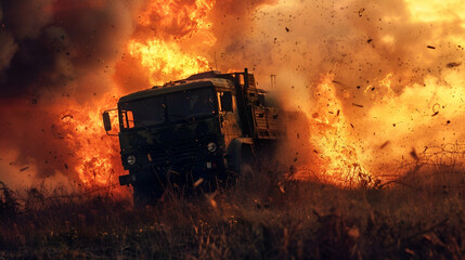 Explosion Near Military Truck. Combat Zone Concept. Military Vehicle Evading Explosion. Battlefield Escape Concept. Military Vehicle Under Attack. Warfare Concept