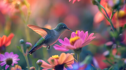 Fototapeta premium Majestic hummingbird caught in motion with its beak in a flower surrounded by a dreamlike assortment of garden blooms