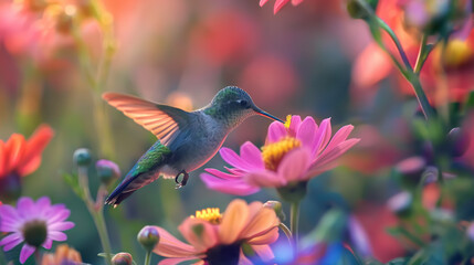 Majestic hummingbird caught in motion with its beak in a flower surrounded by a dreamlike assortment of garden blooms