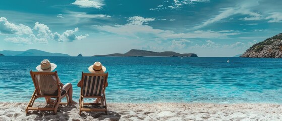 Retired Traveling Couple Finding Tranquility on Sun Loungers in Greece, Enjoying Retirement by the Sea