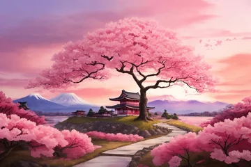 Foto op Canvas Japanese beautiful landscape with cherry trees and pink sunset, Spring landscape of cherry blossoms, Japanese cherry blossom trees and lake landscape anime manga illustration, AI Generative © Forhadx5