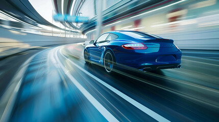 Rear view of blue Business car on high speed in turn. Blue car rushing along a high-speed highway - obrazy, fototapety, plakaty