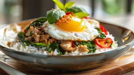 A beautiful presentation of Pad Kra Pao (Thai basil stir-fry) served over jasmine rice with a fried egg on top, a beloved Thai comfort dish. - obrazy, fototapety, plakaty