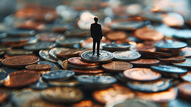An engaging perspective of a figure standing on a coin amongst many, portraying concepts like financial success and economic surmount amidst wealth