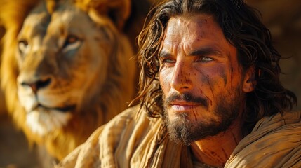 Jesus Christ with a confident gaze by the lion. Jesus Christ - the lion from the tribe of Judah