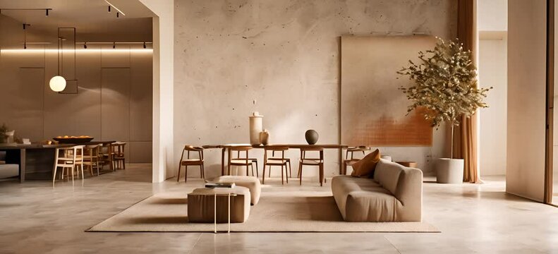 Modern interior japandi style design livingroom. Lighting and sunny scandinavian apartment with plaster and wood. 3d render illustration. 