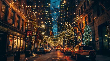 A bustling urban street at night with tall buildings adorned with strings of twinkling fairy lights, casting a warm and inviting glow.
