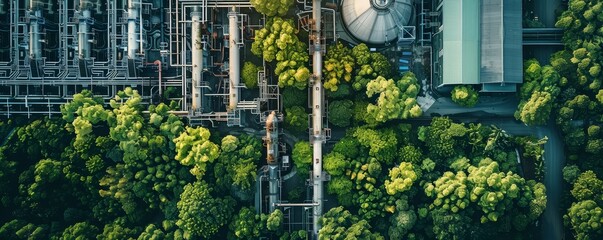 Aerial shot contrasting an industrial plant with surrounding dense green forest, illustrating the intersection of industry and nature.