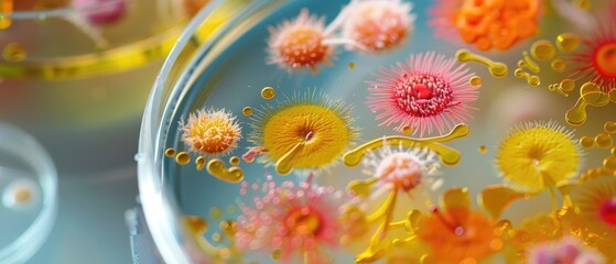 Microbial Diversity: High-Resolution Macro Close-Up of Colorful Fungal Spores and Bacteria in Scientific Laboratory Petri Dish