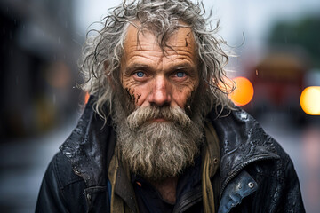 An elderly man with disheveled hair on the street, without a home