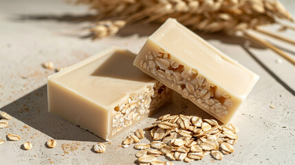 Concept photo of handmade soap with oat, close-up. Beauty industry advertising photo.