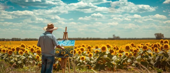 Hyper-realistic Landscape Painting: Local Artist Captures Vibrant Sunflower Fields on Serene Agricultural Farm