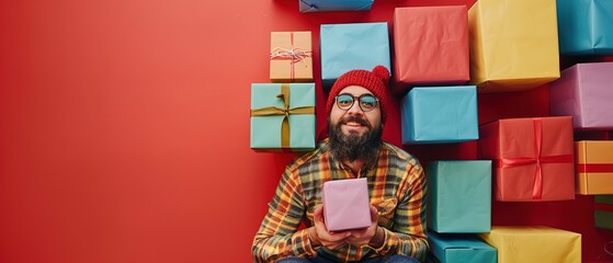 Man surrounded by numerous colorful boxes, holding one excitedly, against a festive red background. Copy space .