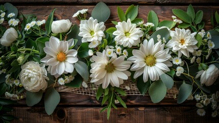   White flowers in a cluster atop a wooden table Green leaves and flowers nearby