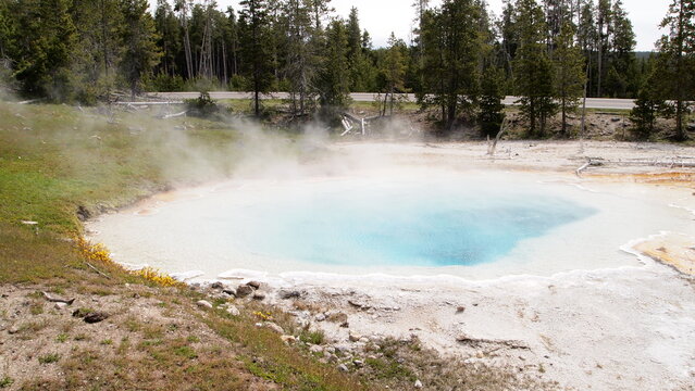 A blue aquatic teal color geothermal pool in a national park