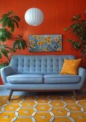 Modern retro themed interior living room. Cozy couch, carpet and decor. Interior design, living space. Contemporary.