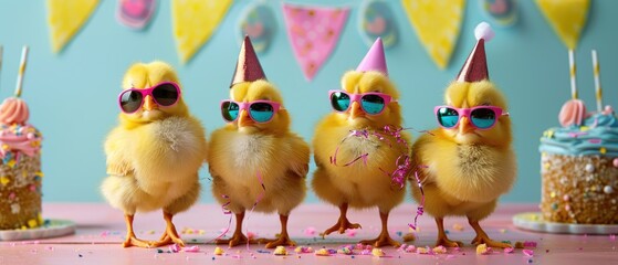 Hyper-Realistic Festive Birthday Celebration: Four Cute Yellow Chicks in Sunglasses Party with Cake and Hats in Tiny Setup