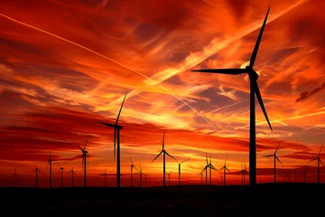 Fotobehang A field of wind turbines at sunset, the sky painted in hues of orange and red, isolated on an energy revolution background for World Environment Day © Studio Vision
