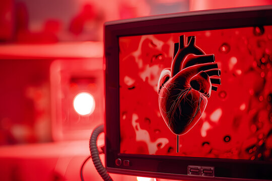 A looping video of a heart pumping blood, displayed on a monitor, isolated on a pulsating life red background for World Blood Donor Day