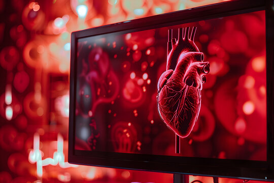 A looping video of a heart pumping blood, displayed on a monitor, isolated on a pulsating life red background for World Blood Donor Day