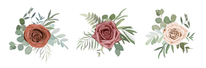 Floral set with roses, greenery, herbs and eucaluptys branches for wedding bouquets, cards, designs. Vector illustration