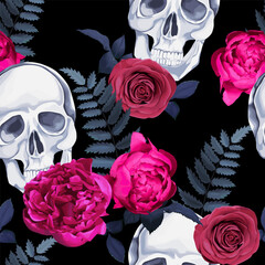 Floral colorful seamless pattern with skull,  red rose and peony. Flower gothic  print on dark background.  Watercolour style. Vector illustration