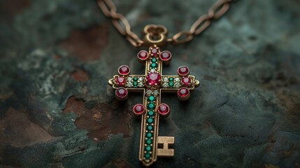cross key pendant necklace with red and green gemstones. 
