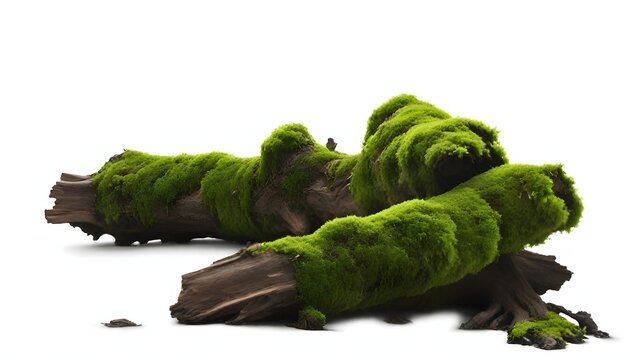 A moss-covered log with lush green moss growing on it, against a plain white background