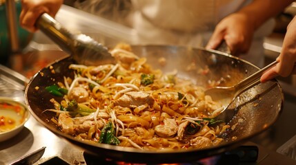 A chef skillfully tossing a sizzling wok full of Pad See Ew, with wide rice noodles, tender chicken, and crisp vegetables. - obrazy, fototapety, plakaty