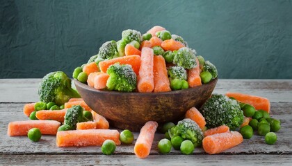 Frozen carrots, peas, broccoli, top view