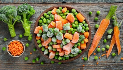 Frozen carrots, peas, broccoli, top view