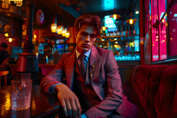 Fashionable young man seated in vibrant neon-lit bar at night