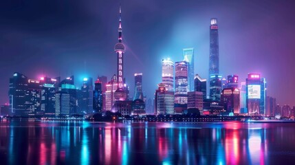 Obraz premium A city skyline illuminated by the dazzling lights of towering skyscrapers, showcasing the vibrant energy of urban nightlife.