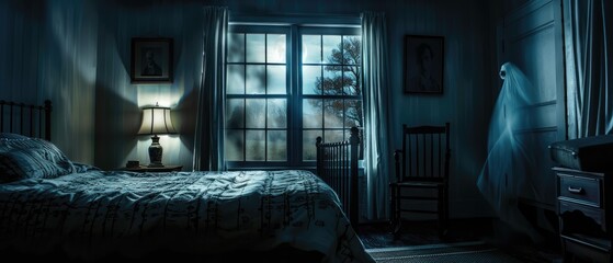 Ghostly Silhouette in Bedroom Window: Hyper-realistic Nighttime Specter Unsettles Moonlit Atmosphere in Eerie Composition