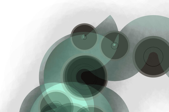 Abstrakter, k&uuml;nstlerischer Hintergrund mit Kreisen und Schlangenlinien in gr&uuml;nen Farben und sanften Verl&auml;ufen auf einem transparenten Hintergrund, digitale Kunst