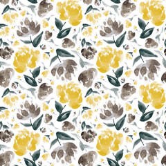 Watercolor floral in yellow, brown and grey. Seamless pattern.  - 790934826