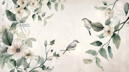 delicate watercolor background with branches and leaves and birds on them