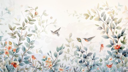 delicate watercolor background with branches and leaves and birds on them