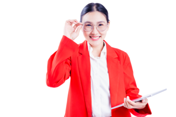 Happy Confident young businesswoman in red blazer holding a digital tablet and adjusting glasses Young working girl looks at camera with smile face
