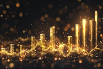 Glowing financial graph with rising golden bars and energetic sparks, growth.