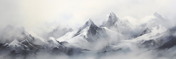 Fototapeta na wymiar Majestic Snow Covered Mountain Peaks In Monochrome Tones. Mountain Landscape Painting. Generative AI